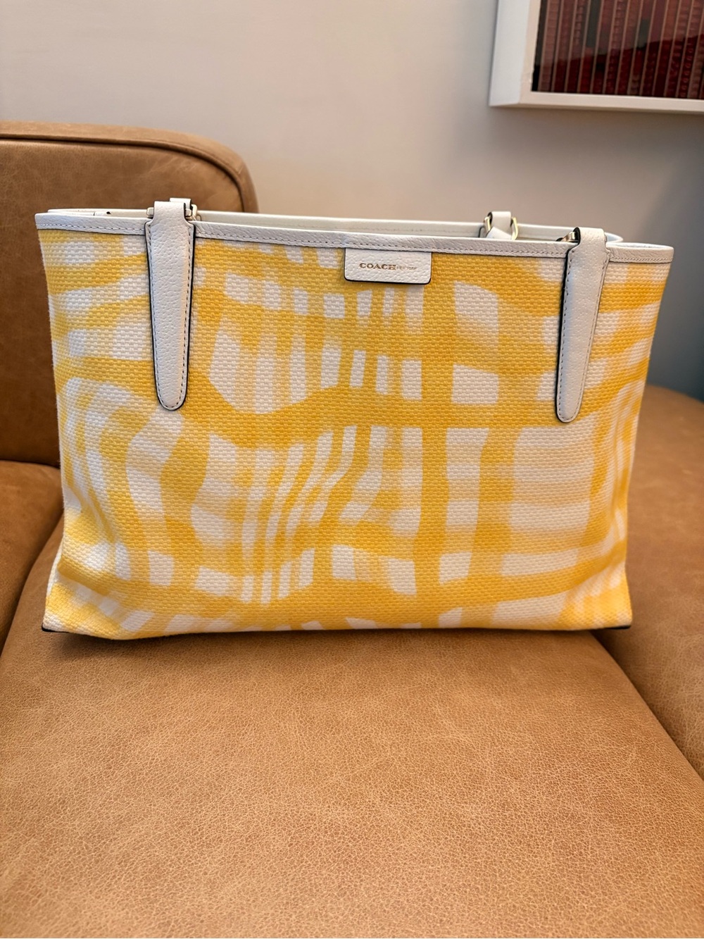 Coach Yellow and White Patterned Canvas Tote with White Trim